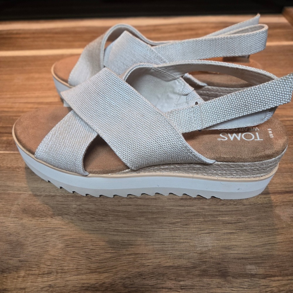 TOMS Monica Platform Sandals Linen Espadrille Wedge Beige Women 9 NEW